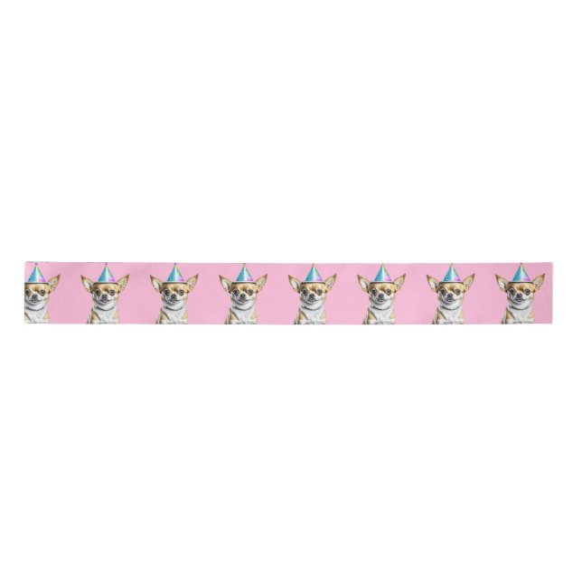 Chihuahua with Birthday Hat  Satin Ribbon (Front)
