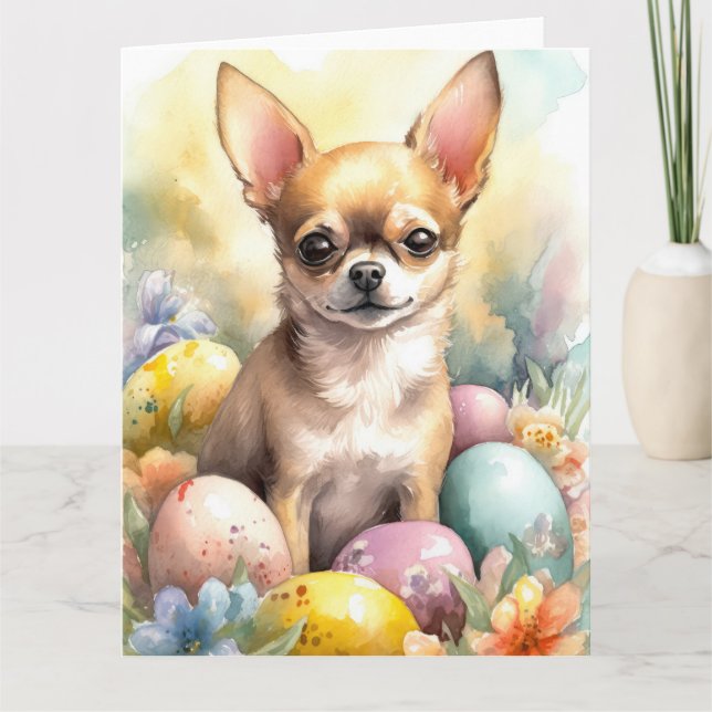 Chihuahua with Easter Eggs Holiday  Card (Front)