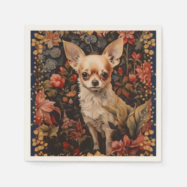 Chihuahua with Flowers in Style of William Morris Napkin (Front)