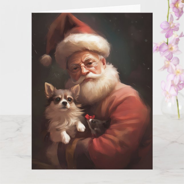 Chihuahua With Santa Claus Festive Christmas Card (Orchid)