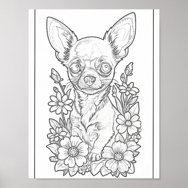 Chihuahua With Spring Flowers Colouring Page Poste Poster (Front)