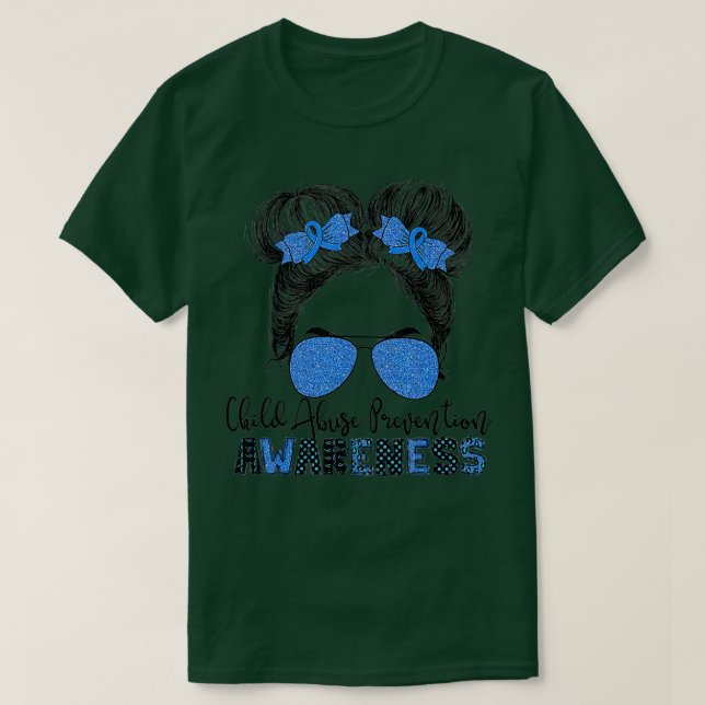 Child Abuse Prevention awareness messy hair bun fo T-Shirt (Design Front)