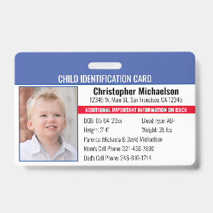 Child Allergy Photo Identification Emergency ID Badge