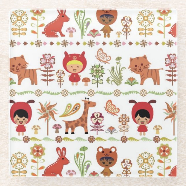 Child and Animals Pattern Glass Coaster (Front)