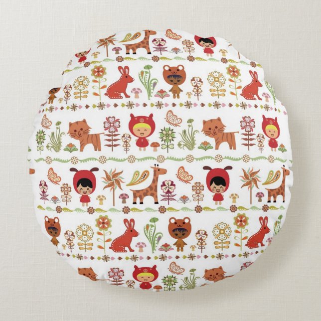Child and Animals Pattern Round Cushion (Front)