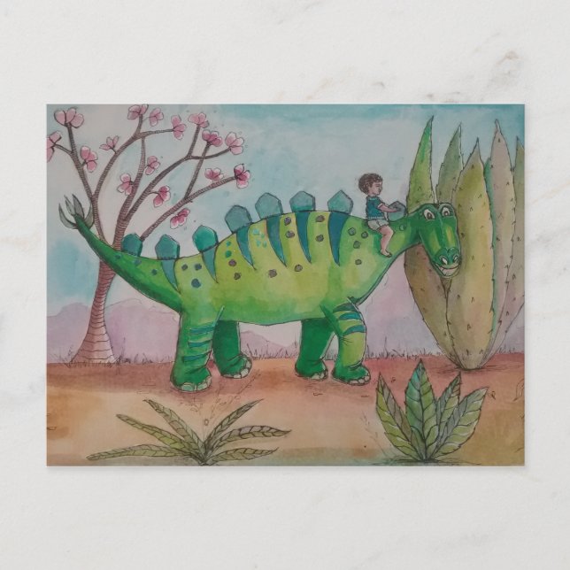 Child and his pet dinosaur postcard (Front)