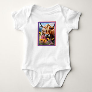 Child And Pet Highland Cow Having Cuddles, Baby Bodysuit