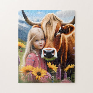 Child And Pet Highland Cow Having Cuddles, Jigsaw Puzzle