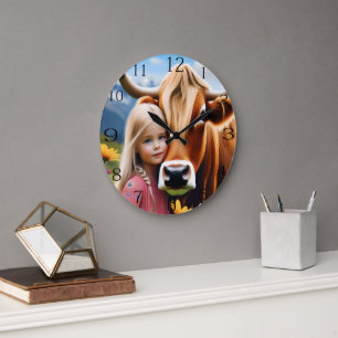 Child And Pet Highland Cow Having Cuddles, Large Clock