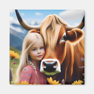 Child And Pet Highland Cow Having Cuddles, Magnet