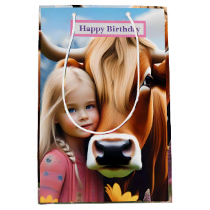 Child And Pet Highland Cow Having Cuddles, Medium Gift Bag