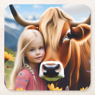 Child And Pet Highland Cow Love, Square Paper Coaster