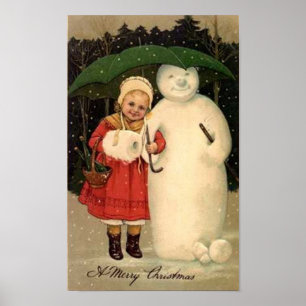 Child and Snowman Christmas Card Poster