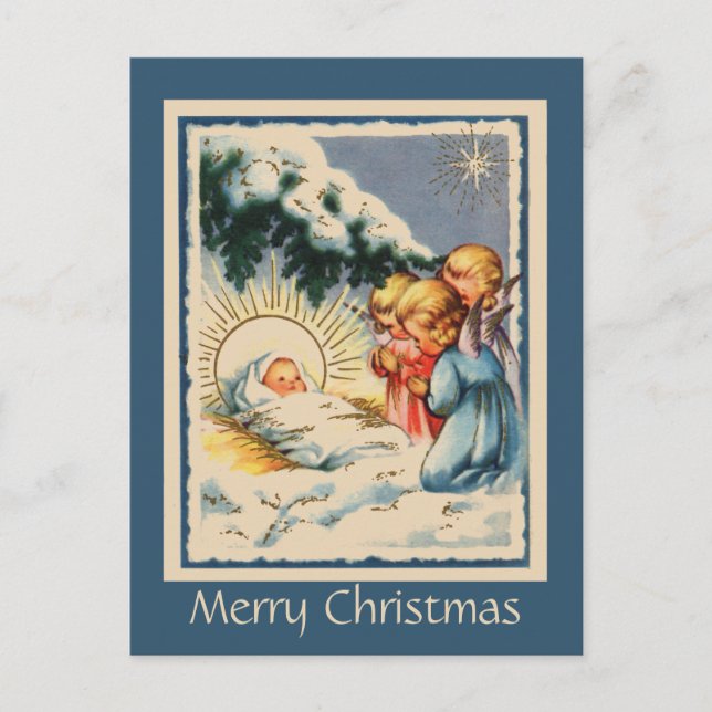 Child Angels Baby Jesus and Snowy Pine Tree Postcard (Front)