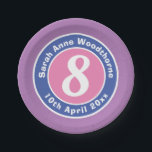 Child Birthday Party Celebration with Age Paper Plate<br><div class="desc">Commemorate a 8th birthday with a paper plate which is decorated with the name of the recipient,  as well as their age,  and date of birth.</div>