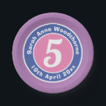 Child Birthday Party Celebration with Age Paper Plate<br><div class="desc">Commemorate a 5th birthday with a paper plate which is decorated with the name of the recipient,  as well as their age,  and date of birth. Happy Birthday Paper Plate.</div>