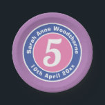 Child Birthday Party Celebration with Age Paper Plate<br><div class="desc">Commemorate a 5th birthday with a paper plate which is decorated with the name of the recipient,  as well as their age,  and date of birth. Happy Birthday Paper Plate.</div>