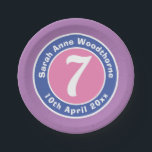 Child Birthday Party Celebration with Age Paper Plate<br><div class="desc">Commemorate a 7th birthday with a paper plate which is decorated with the name of the recipient,  as well as their age,  and date of birth.</div>