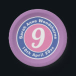 Child Birthday Party Celebration with Age Paper Plate<br><div class="desc">Commemorate a 9th birthday with a paper plate which is decorated with the name of the recipient,  as well as their age,  and date of birth.</div>