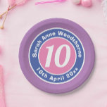Child Birthday Party Celebration with Age Paper Plate<br><div class="desc">Commemorate a 10th birthday with a paper plate which is decorated with the name of the recipient,  as well as their age,  and date of birth.</div>