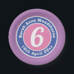 Child Birthday Party Celebration with Age Paper Plate<br><div class="desc">Commemorate a 6th birthday with a paper plate which is decorated with the name of the recipient,  as well as their age,  and date of birth. Happy Birthday Paper Plate.</div>