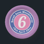 Child Birthday Party Celebration with Age Paper Plate<br><div class="desc">Commemorate a 6th birthday with a paper plate which is decorated with the name of the recipient,  as well as their age,  and date of birth. Happy Birthday Paper Plate.</div>