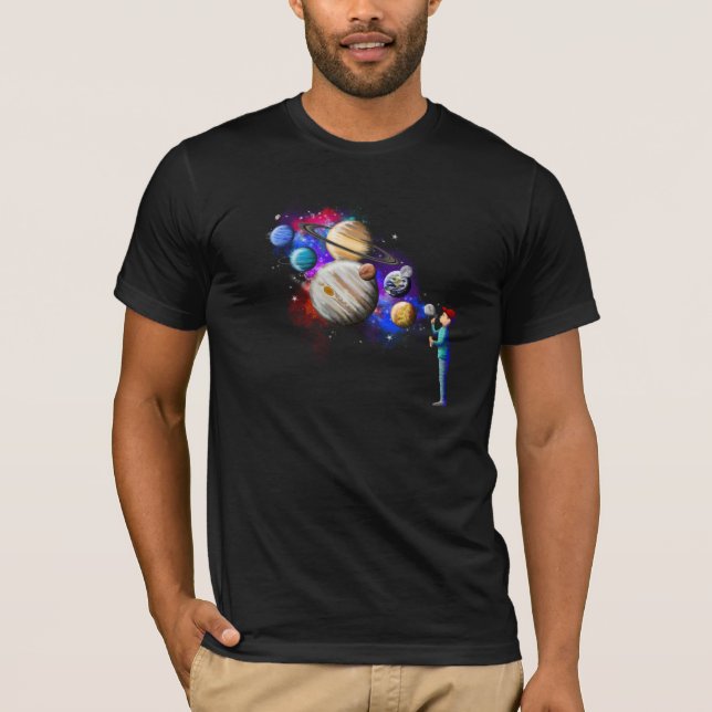 Child Blowing Bubble Planets Space Art T-Shirt (Front)