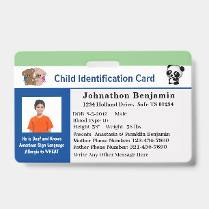 Child Boy Girl ID Identification Card Personalise  Badge