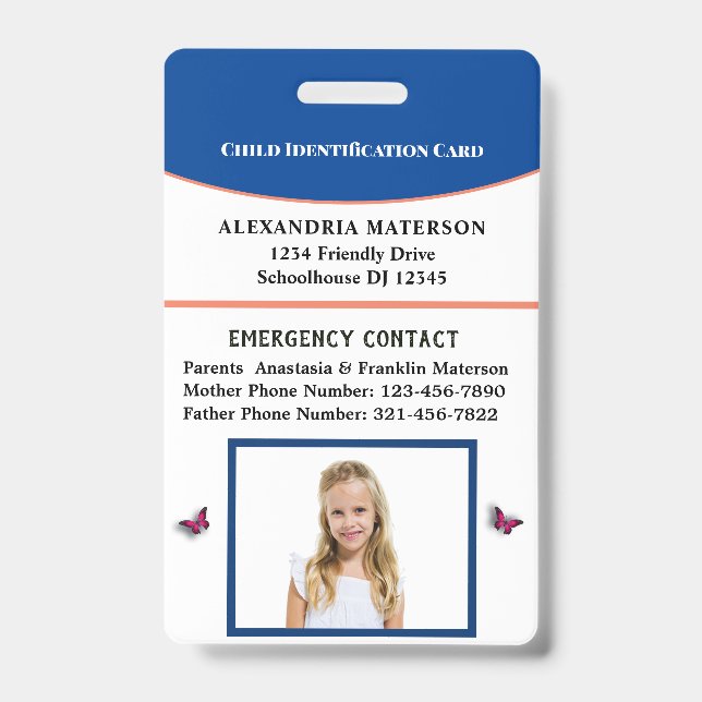Child Boy Girl ID Identification Card Personalise Badge (Front)
