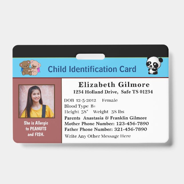 Child Boy Girl ID Identification Card Personalise  Badge (Front)