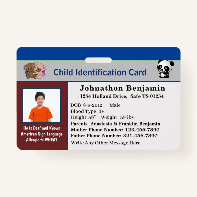Child Boy Girl ID Identification Personalise Card ID Badge (Front)
