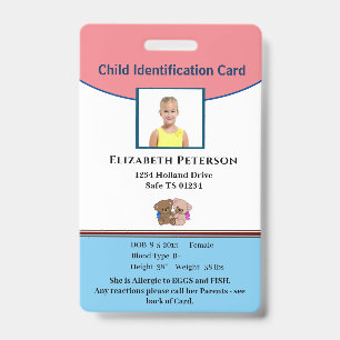 Child Boy Girl ID Identification Personalize Card Badge