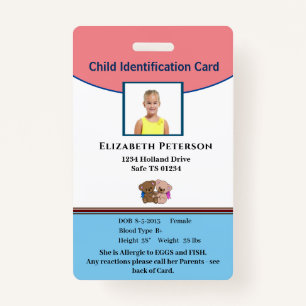 Child Boy Girl ID Identification Personalize Card ID Badge