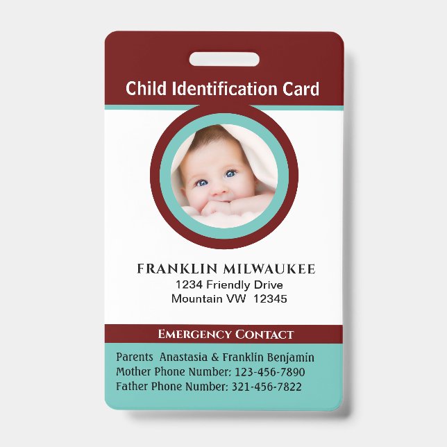 Child Boy Girl Photo ID Identification Card Badge (Front)