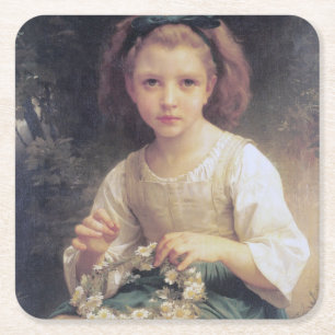 Child Braiding a Crown, Bouguereau Square Paper Coaster