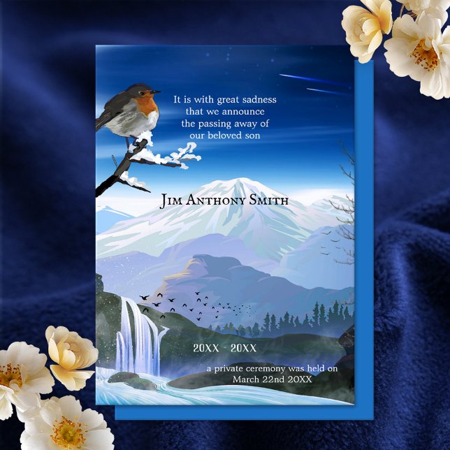 Child Death Memorial Announcement or Invite (Memorial or child death announcement card with a robin overlooking the mountains and waterfall)
