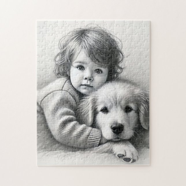 Child & Dog Innocence Captured Sketch Effect Jigsaw Puzzle (Vertical)