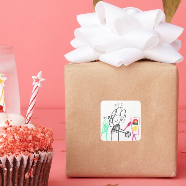 Child Drawing Stick Figure Colorful  Square Sticker (Party)