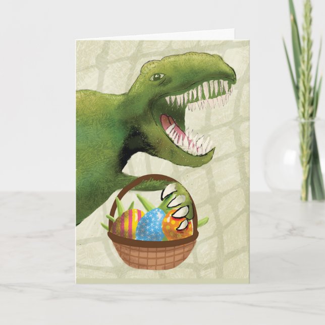Child Easter Dinosaur with Basket of Easter Eggs Card (Front)