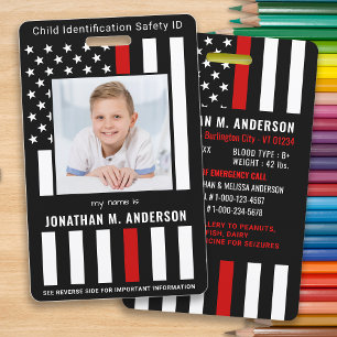Child Emergency ID Firefighter Red Kids Photo  ID Badge