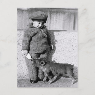 Child feeding piglet with bottled milk postcard