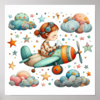 Child Flying a Propeller Plane Whimsical Nursery 