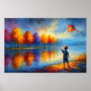 Child Flying Kite by Autumn River Poster