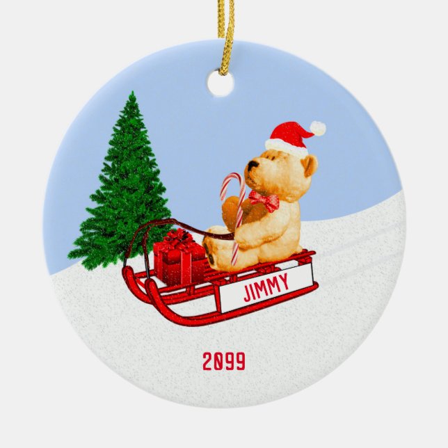 Child Grandchild Teddy Bear on Sled w Present Ceramic Tree Decoration (Front)