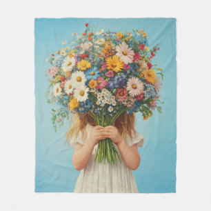 Child Holding a Lush Wildflower Bouquet Fleece Blanket