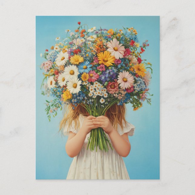 Child Holding a Lush Wildflower Bouquet Postcard (Front)