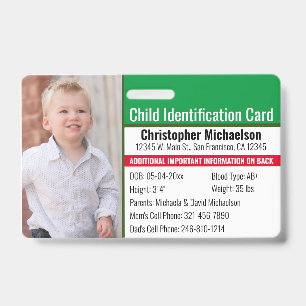 Child ID Emergency Allergy Photo Identification Badge