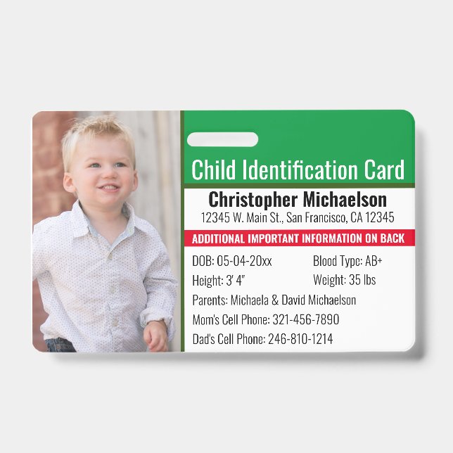 Child ID Emergency Allergy Photo Identification Badge (Front)