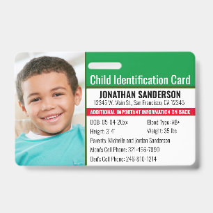 Child ID Emergency Allergy Photo Identification Badge