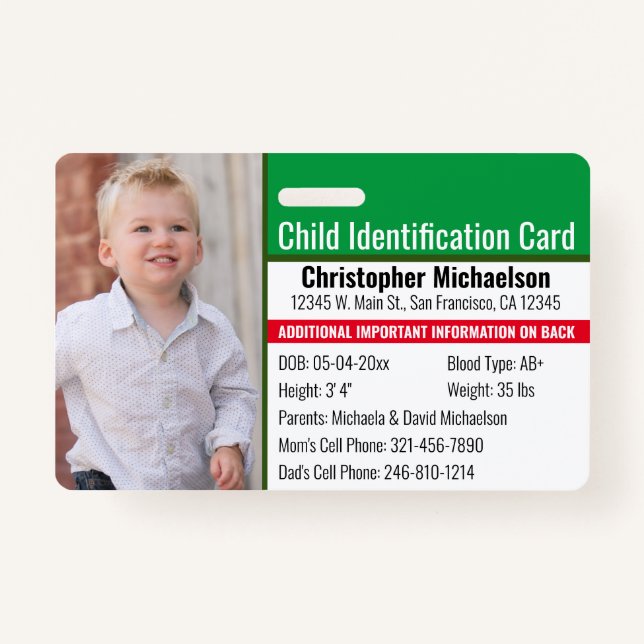 Child ID Emergency Allergy Photo Identification ID Badge (Front)